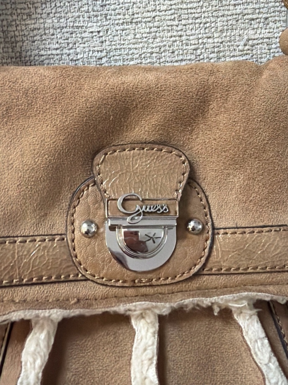 Guess Tan Suede Shoulder Satchel with Cream Trim - Picture 2 of 7